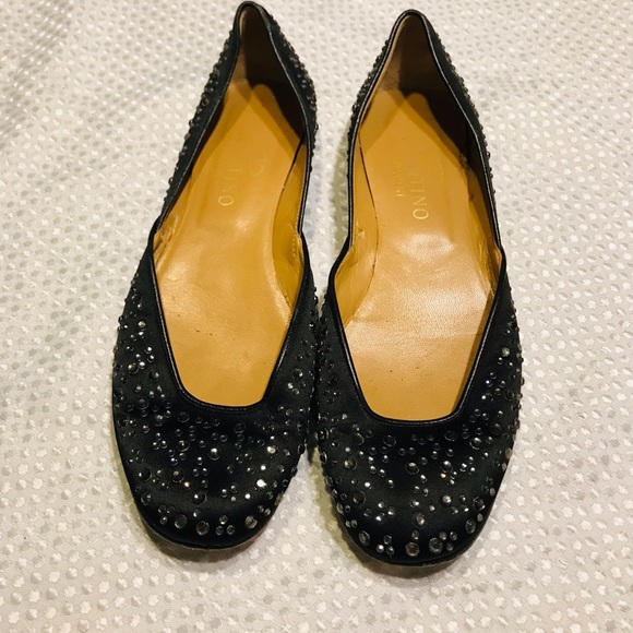 Valentino Garavani Swarovski Crystal Studded Flats Black Satin Size 8.5 - Picture 6 of 14
